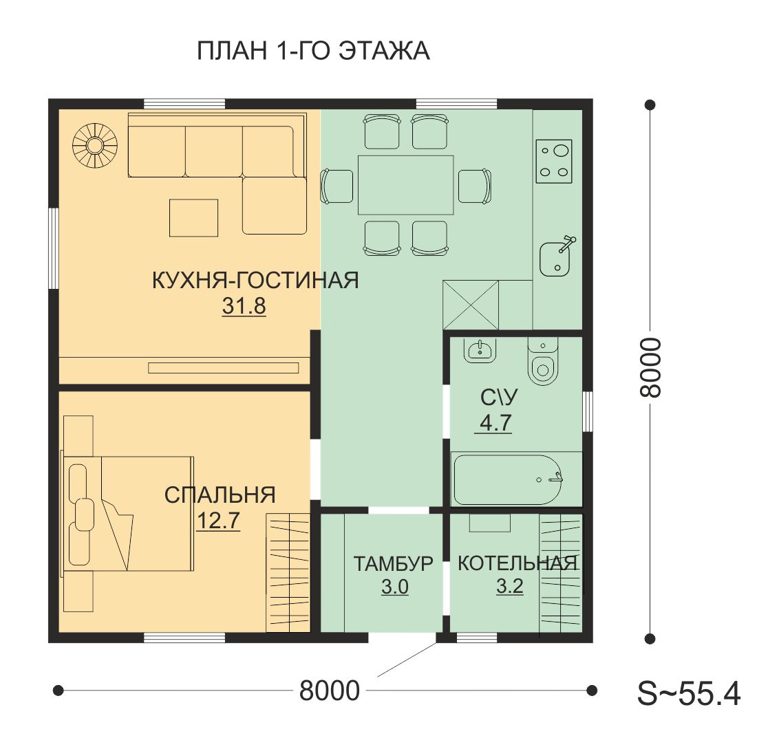 Проект ССК-55 О — дом 8х8 55.4 кв.м. — до 80 кв.м. от ССК-ДОМ